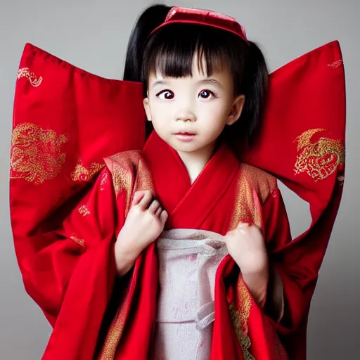 Prompt: Cute Little Chinese girl, wearing a dragon robe,by LaoLu,trending on artstaion