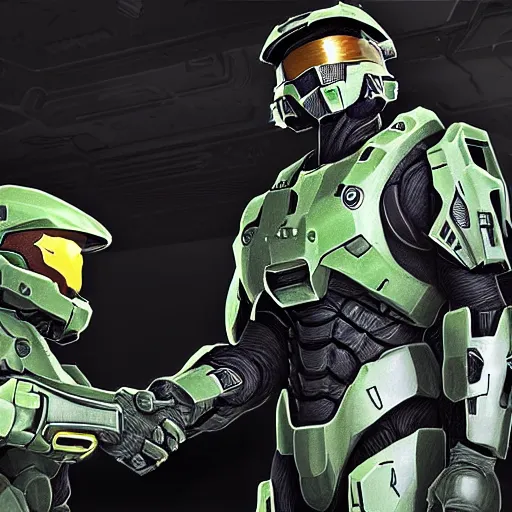 Image similar to master chief from halo shaking hands with president joe biden, digital art, highly detailed, high contrast, beautiful lighting, award winning, trending on art station, photorealistic, 8 k,