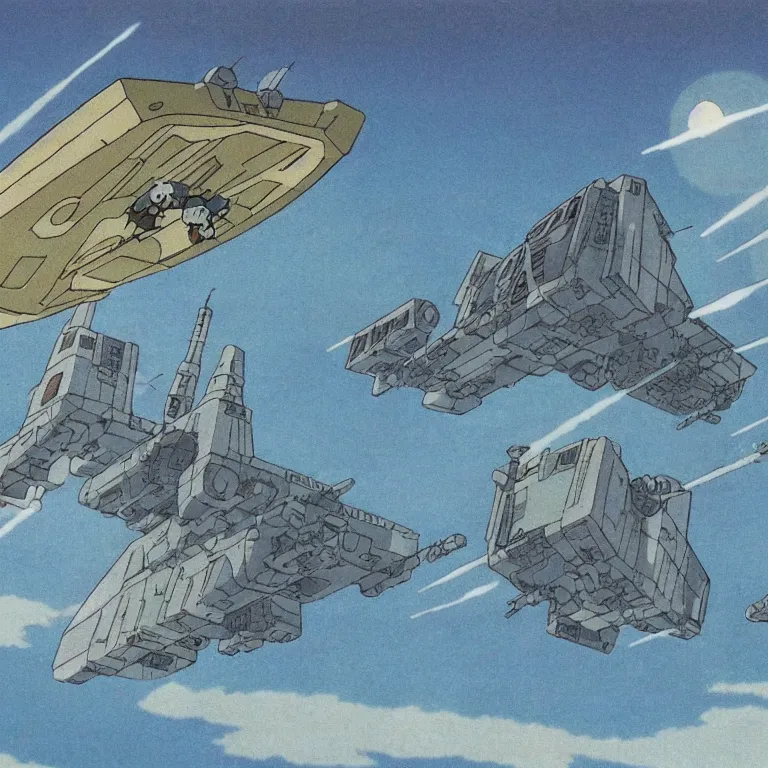 Prompt: 1 9 9 0 studio ghibli animation cel still from nausicaa of the valley of the wind of a star destroyer spewing out tie fighters