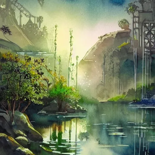 Image similar to Beautiful happy picturesque charming sci-fi city in harmony with nature. Beautiful light. Water and plants. Nice colour scheme, soft warm colour. Beautiful detailed watercolor by Lurid. (2022)