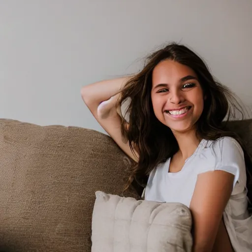 Image similar to a cute young woman smiling, long shiny bronze brown hair, full round face, green eyes, medium skin tone, light cute freckles, smiling softly, wearing casual clothing, relaxing on a modern couch, interior lighting, cozy living room background, medium shot, mid-shot, soft focus