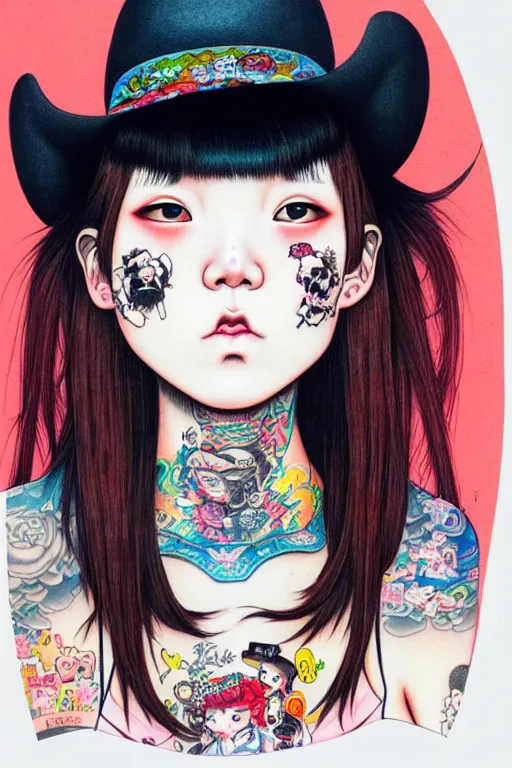 Image similar to full view of girl from taipei with tattoos, wearing a cowboy hat, style of yoshii chie and hikari shimoda and martine johanna, highly detailed