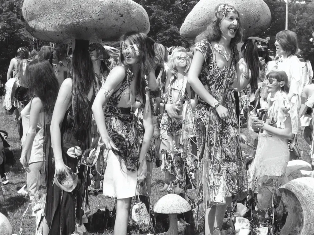 Image similar to 70s photo of beautiful hippy girl at hippy festival talking to a giant mushroom