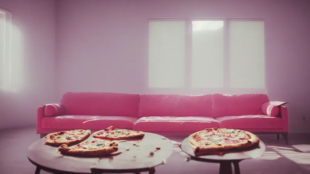 Image similar to pizza party on vintage pink velour sofa, group of friends, pizza slizes, medium shot, white walls, daytime, soft light through blinds, particles, unreal 5, detailed, volumetric lighting, michelangelo, cinematic, 3 5 mm lens, f 2. 8, 4 k