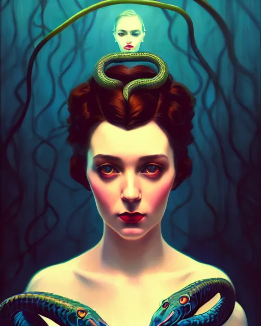 Image similar to surreal stylized portrait by aykutmakut of an artistic pose, composition, young victorian sad fancy lady, surrounded by snakes, cinematic moody colors, realistic shaded, fine details, realistic shaded lighting poster by ilya kuvshinov, magali villeneuve, artgerm, jeremy lipkin and michael garmash and rob rey