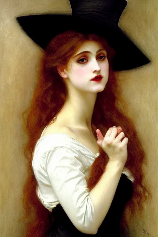 Image similar to victorian vampire in a biggest hat, white dress, painting by rossetti bouguereau, detailed art, artstation