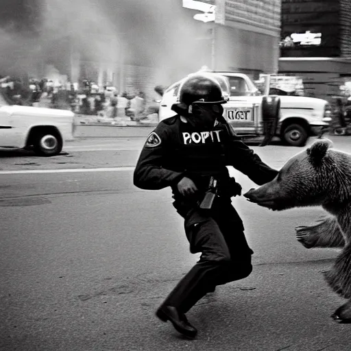 Image similar to a riot cop beating a bear, leica m 9, voigtlander 3 5 mm, 1 9 6 0 s