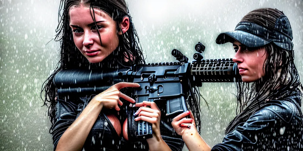 Image similar to hyperrealistic photo of a hot wet girl in the rain holding an ar - 1 5, 8 k