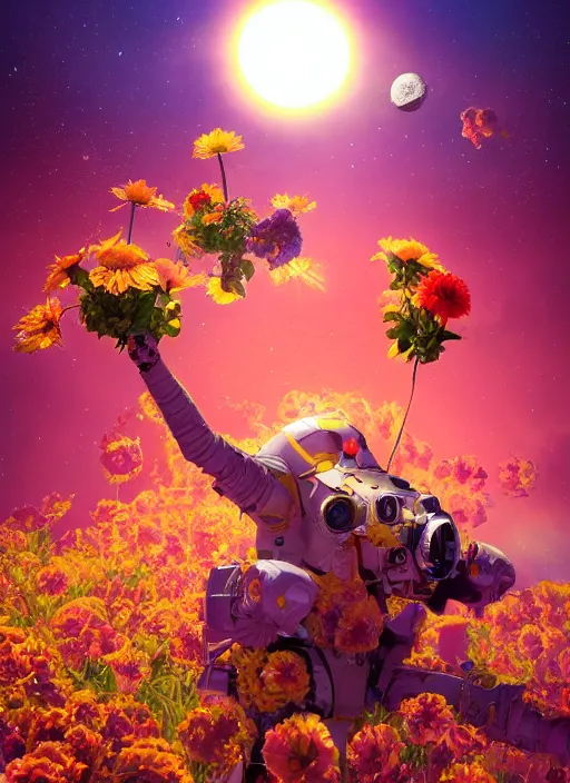 Image similar to An epic fantastic realism comic book style painting of the most beautiful flowers launched into space, bouquets, solar eclipse, fisheye, unreal 5, DAZ, hyperrealistic, octane render, dynamic lighting