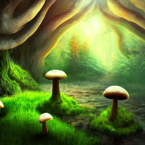 Prompt: mushroom forest, realistic, detailed, epic angle, bloody river, ambient green light,