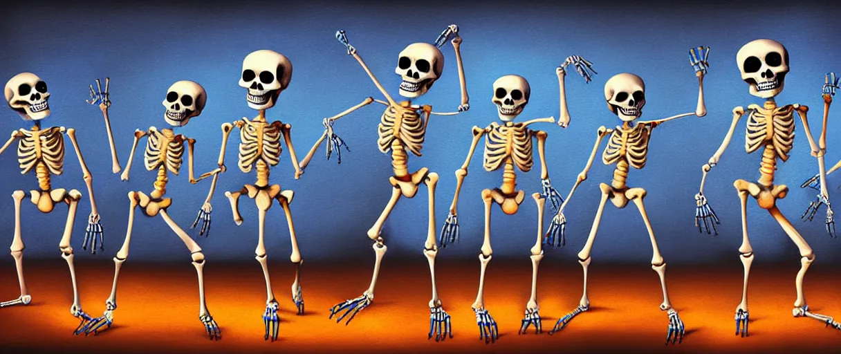 Prompt: hyperrealistic popart very cute milticolored medieval skeletons dancing jason limon digital painting dramatic blue lighting wide angle hd 8k sharp shallow depth of field