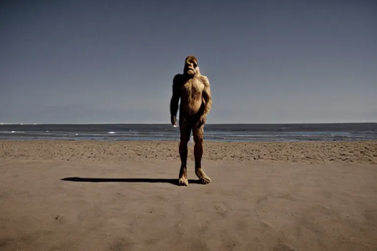 Image similar to cinematography portrait of Bigfoot on the beach in Santa Monica by Emmanuel Lubezki