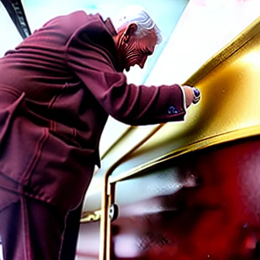 Image similar to wrinkled hunchbacked old man in musty burgundy suit, polishing painting the side of a huge gold plated mega yacht with a cloth, maintenance photo