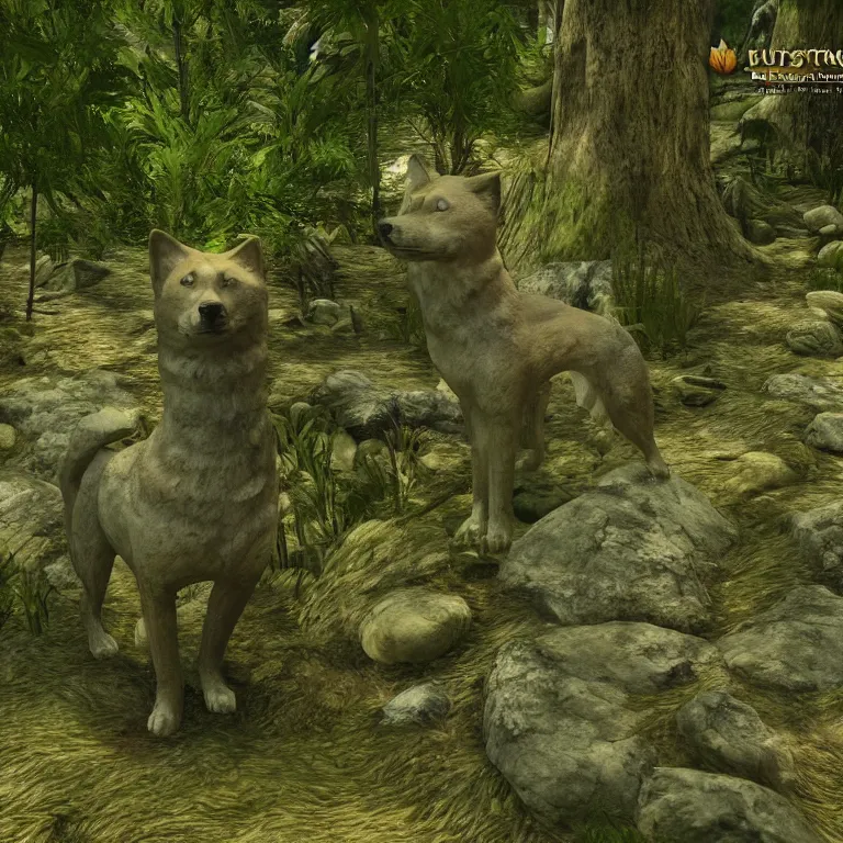 Image similar to a stone shiba inu statue in a lush forest, skyrim pc screenshot