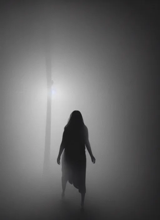 Image similar to a female silhouette walking, astral projection, white glowing aura, out of body, fog, film grain, cinematic lighting