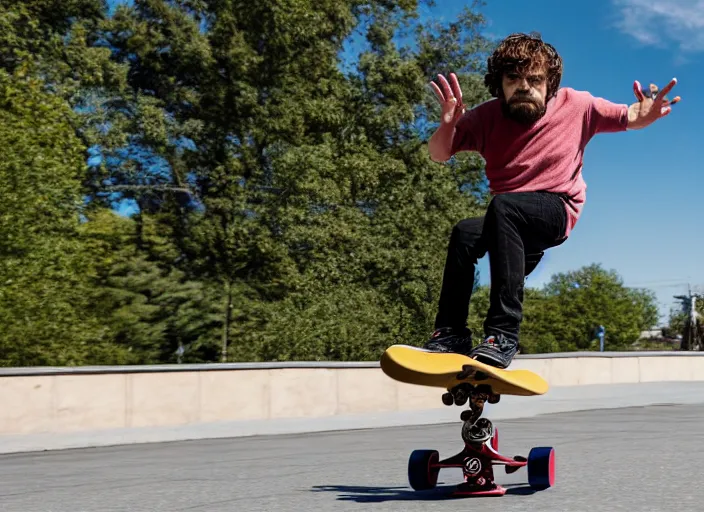 Image similar to dslr photo still of peter dinklage on a skateboard flying through the air, 4 k, 1 2 0 mm f 1 6