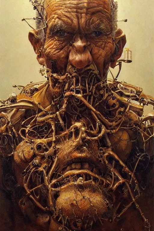 Prompt: beautiful clean oil painting biomechanical portrait of man face by james stokoe, wayne barlowe, rembrandt, complex, stunning, realistic, skin color