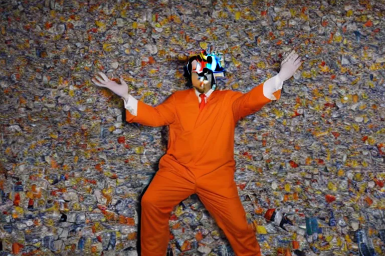 Prompt: award winning photo of Donald Trump, wearing an orange jumpsuit, inside a prison cell, surrounded by used McDonald's wrappers, dramatic, hd, 4k, 35mm, f/22