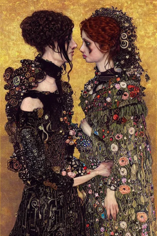 Prompt: portrait of two beautiful young gothic maidens kiss, dark fantasy, Warhammer, highly detailed, artstation, illustration, art by Gustav Klimt