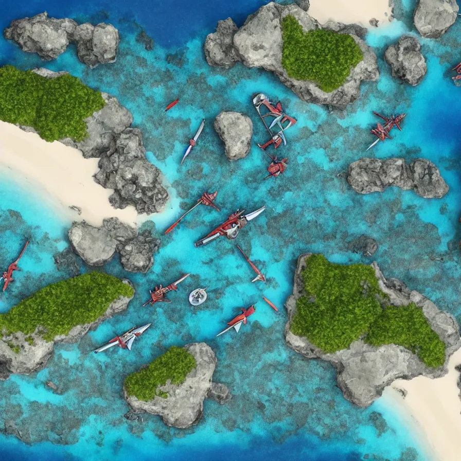 Prompt: ariel view of human constructed islands with weaponry and machines on them in the pacific coast. very detailed, 4 k, ultra widescreen.