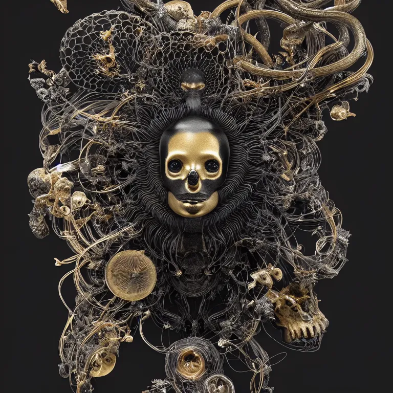 Image similar to black background. absolutely symmetrical sculpture. centered. goddess princess face close-up portrait ram skull. sculpture made of gold and black charcoal. jellyfish phoenix head, nautilus, orchid, skull, betta fish, bioluminiscent creatures, intricate artwork by Tooth Wu and wlop and beeple. octane render, trending on artstation, greg rutkowski very coherent symmetrical artwork. cinematic, hyper realism, high detail, octane render, 8k