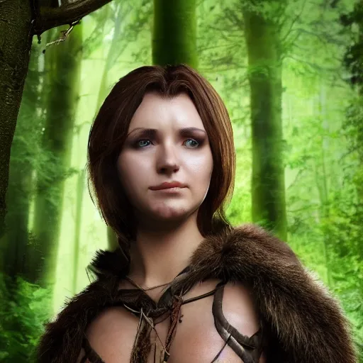 Image similar to anya charlota as a medieval fantasy wood elf, dark brown hair tucked behind ears, wearing a green tunic with a fur lined collar and brown leather armor, stocky, muscular build, scar across nose, one black, scaled arm, cinematic, character art, digital art, forest background, realistic. 4 k
