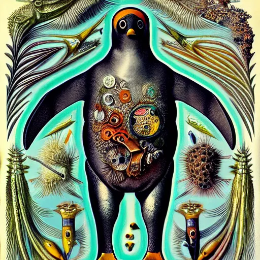 Prompt: cyborg penguin by ernst haeckel, masterpiece, vivid, very detailed