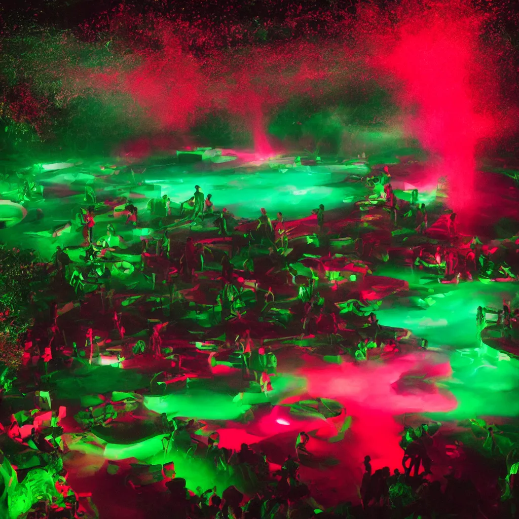 Image similar to rave club in the red pond at night, green laser, light art, photo by reuben wu, jenni pasanen, epic composition, hd, octane, volumetric lighting, masterpiece,