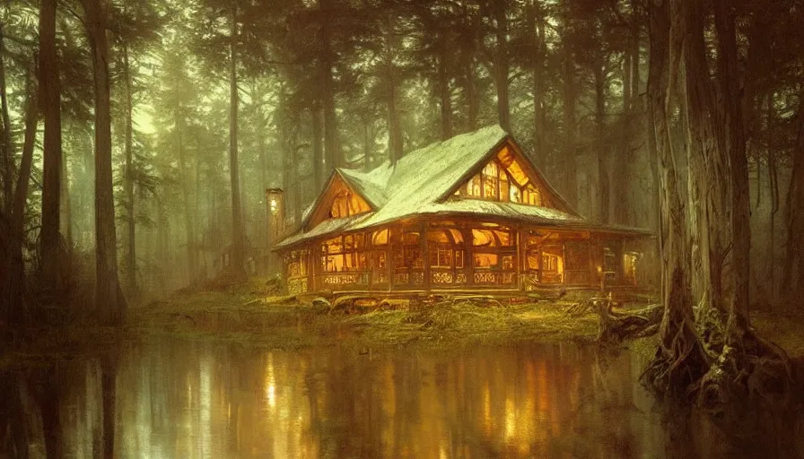 Prompt: a beautiful intricate painting of a log cabin in a dark evil fantasy forest, reflections, very high details by william turner art, greg rutkowski and alphonse mucha, trending on artstation, very very detailed, masterpiece,