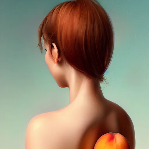 Image similar to Beautiful clothed woman holding a peach, seen from the rear, detailed digital art by WLOP and Artgerm