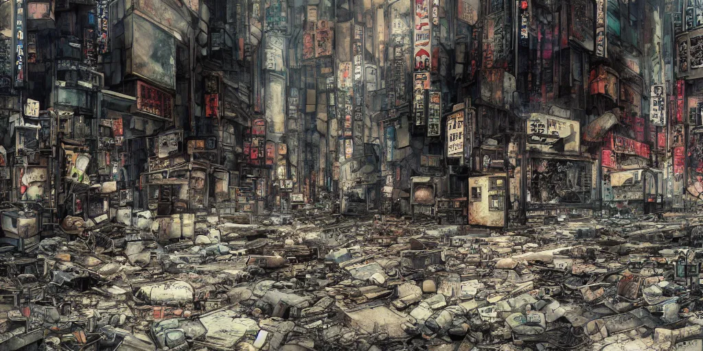 Image similar to broken robot lying deserted shinjuku junk town, watercolor, ghost in the shell, soft bloom lighting, paper texture, bright sun bleached ground, vending machine, koji morimoto, katsuya terada, black smoke, pale, beige sky pencil marks, hd, 4k, remaster, dynamic camera angle, fish eye, dynamic scene