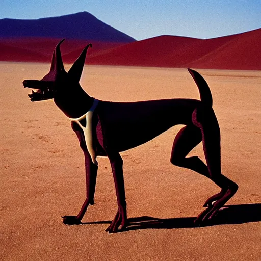 Prompt: xoloitzcuintli dog in the atacama desert at dusk, hungry and drooling, cracking bones, futuristic, by moebius