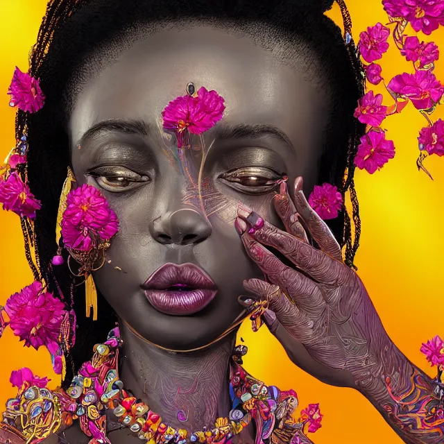 Image similar to studio portrait absurdly beautiful, elegant, lovely, young hypercolorful sensual african idol rubies red petals gems, ultrafine hyperrealistic detailed face illustration by kim jung gi, irakli nadar, intricate linework, sharp focus, bright colors, matte, octopath traveler, final fantasy, unreal engine highly rendered, global illumination, radiant light, intricate rainbow environment