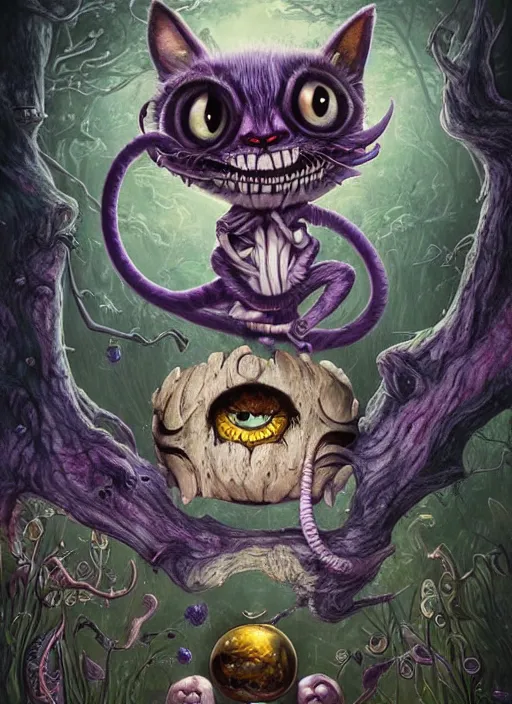 Prompt: cheshire cat the fool tarot card, highly detailed, half skull face, cinematic, 8 k, bymegan duncanson, benjamin lacombe, naoto hattori, adrian borda, giger, trending on deviantart, hyper detailed, horror, full of colour