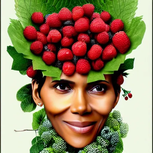 Prompt: halle berry head and face as berries, berries tree in the background, digital painting by arcimboldo