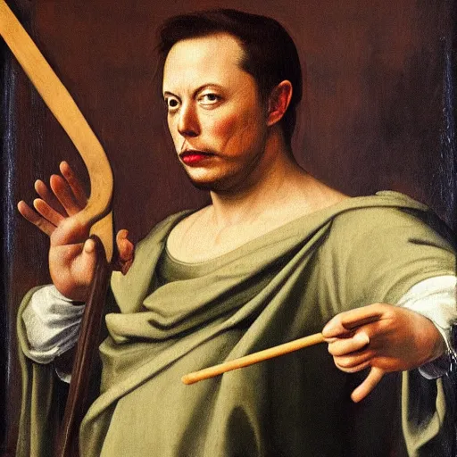 Prompt: renaissance painting of Elon Musk wearing a suit and holding a cane, near a river stream,