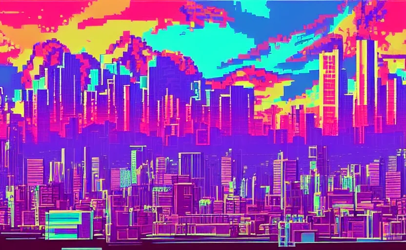 Image similar to beautiful synthwave city pixel art