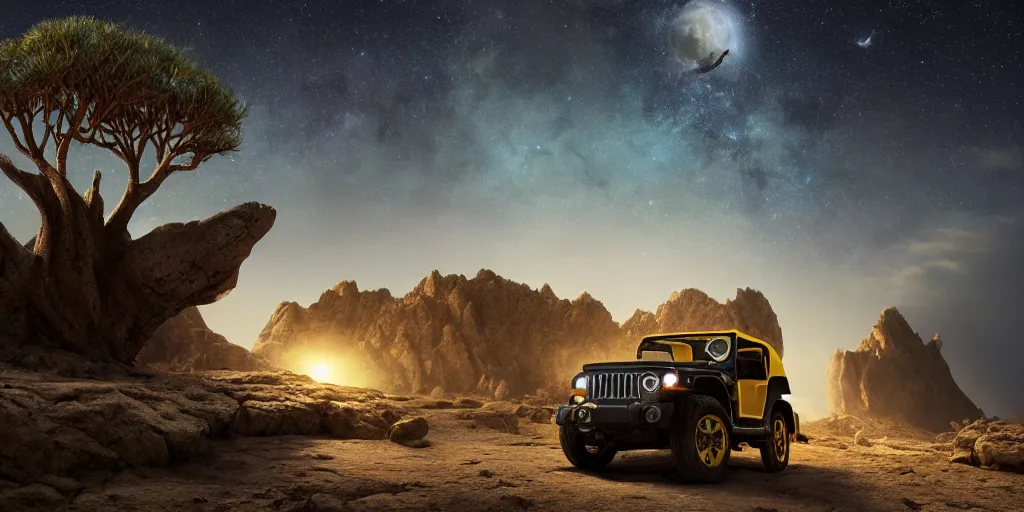 Prompt: yellow mahindra thar riding through moonlit socotra island with dragon trees, starry night, sharp focus, wide shot, trending on ArtStation, masterpiece, by Greg Rutkowski, by Ross Tran, by Fenghua Zhong, corona render, soft render, ultrarealistic, colorful, cinematic, shadow of the tomb rider