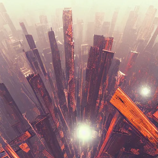 Prompt: surrounded by fumes, spaceships raced through the beautiful red sky, above the metallic remains of ancient times. rising above the dark grounds, gigantic, enlightened buildings stood, like hundreds of needles piercing the sky. those overwhelming skyscrapers seemed almost able to reach the stars as if trying to reveal the immensity of this unknown universe, arnold render,