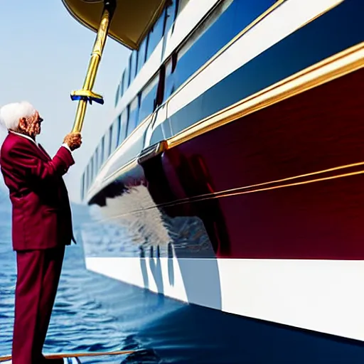 Image similar to wrinkled hunchbacked old man in burgundy suit, polishing painting the side of a gold plated mega yacht with a cloth, maintenance photo