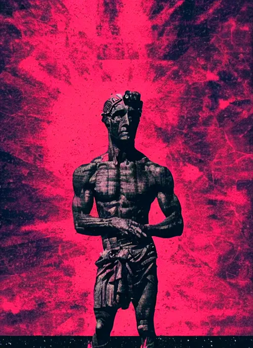 Image similar to black background with subtle red and purple design elements, statue of julius caesar, nekro, poster art, thin lines, dark, glitch art, neo vaporwave, gritty, layout frame, trending on artstation