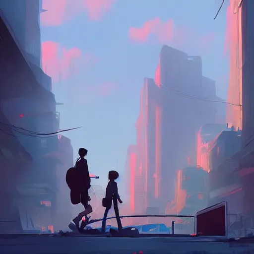 Prompt: teen boy, apocalyptic city the background, apocalypse, digital painting, artstation, highly detailed, by makoto shinkai and thomas kindle and James gilleard