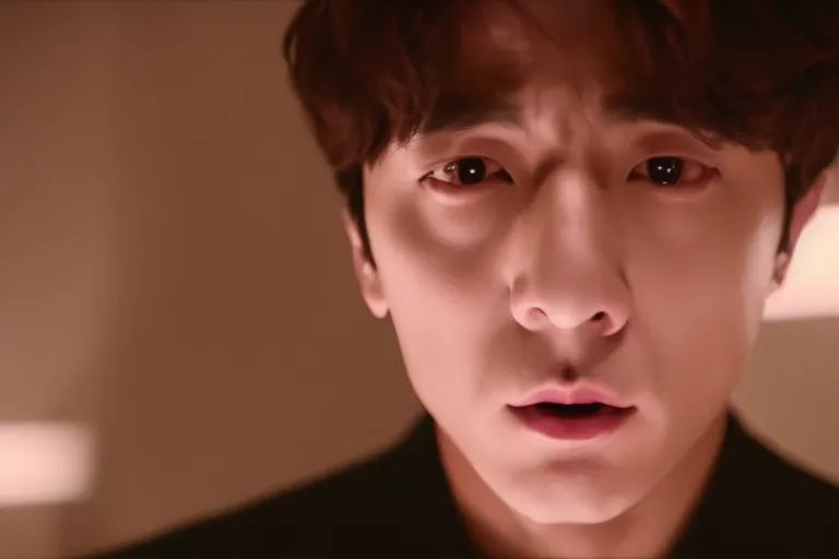 Image similar to film still of jungkook in cosmic horror! the musical by david cronenberg, horror sci fi, 3 5 mm film, atmospheric, ultra fine detail, film grain, photorealistic, dramatic lighting