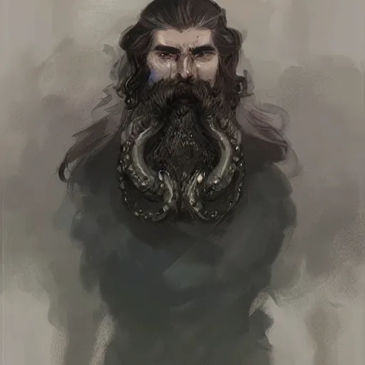 Image similar to A portrait of a cleric of Cthulu with short dark hair and a trimmed beard, he wears a cubic sandstone pendant around his neck, as dark magic emanates from his pendant tentacles spur from the water, digital art by Ruan Jia