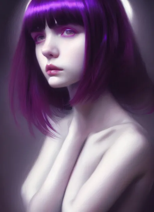 Image similar to portrait of teenage girl, red irises, bangs, black and white hair, white bangs, purple clothes, white bangs, bangs, black hair and white bangs, intricate, elegant, glowing lights, highly detailed, digital painting, artstation, concept art, smooth, sharp focus, illustration, art by wlop, mars ravelo and greg rutkowski