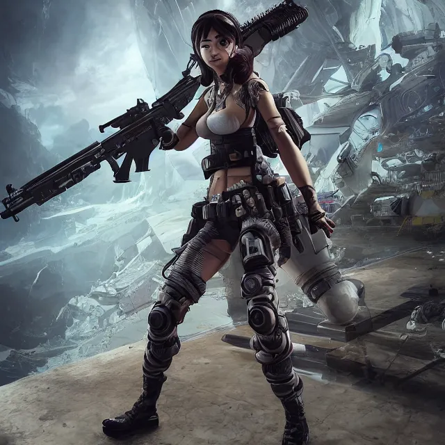 Image similar to the portrait of lawful neutral female futuristic marine sniper as absurdly beautiful, gorgeous, elegant, young gravure idol, an ultrafine hyperdetailed illustration by kim jung gi, irakli nadar, intricate linework, bright colors, octopath traveler, final fantasy, unreal engine 5 highly rendered, global illumination, radiant light, detailed and intricate environment