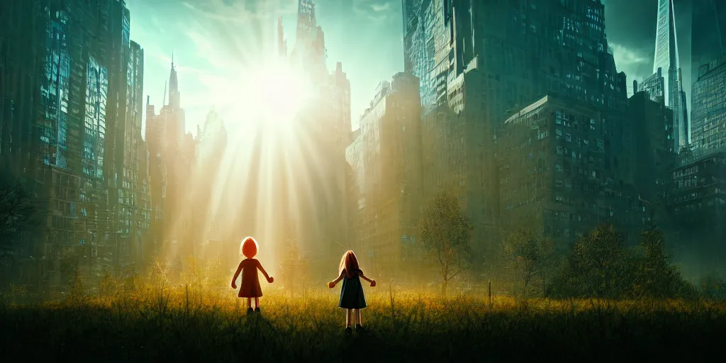 Image similar to textless sci - fi scene future new york cityscape, little girl in manhattan holding hand of giant robot, lonely girl, forest punk, crepuscular rays, epic scene, hyper realistic, photo realistic, overgrowth, cinematic atmosphere, ethereal lighting,