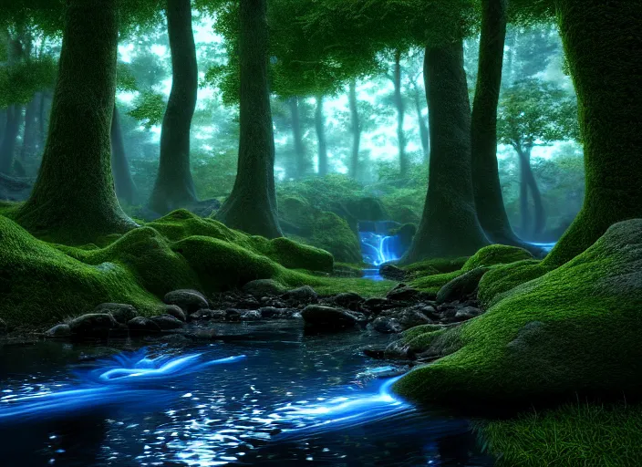 Image similar to hyperrealism, detailed textures, photorealistic 3 d render, a surreal mystical forest with a bright winding blue creek, sharp focus, ultra realistic, ultra high pixel detail, cinematic, intricate, cinematic light, concept art, illustration, art station, unreal engine 8 k