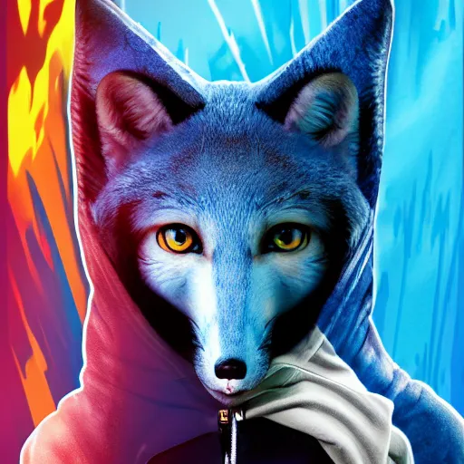 Prompt: modern action adventure movie poster, featuring in anthropomorphic blue fox in a hoodie, promotional movie poster print