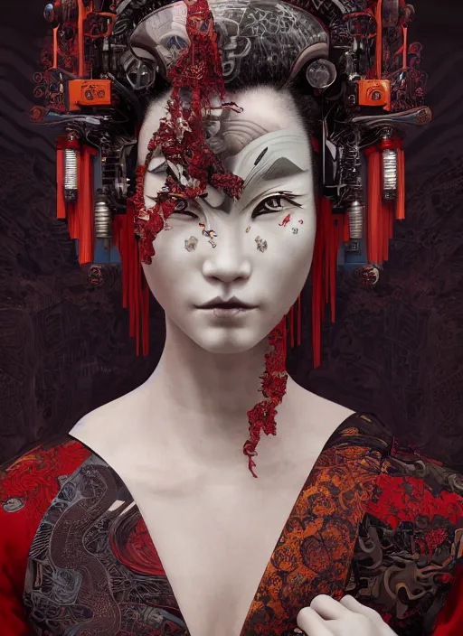 Prompt: portrait of a seductive cyberpunk geisha yakuza, imari, modern fine art, fractal, in the style of ex - machina, intricate ornaments, elegant, highly detailed, digital photography, subsurface scattering, by mc escher and greg rutkowski,